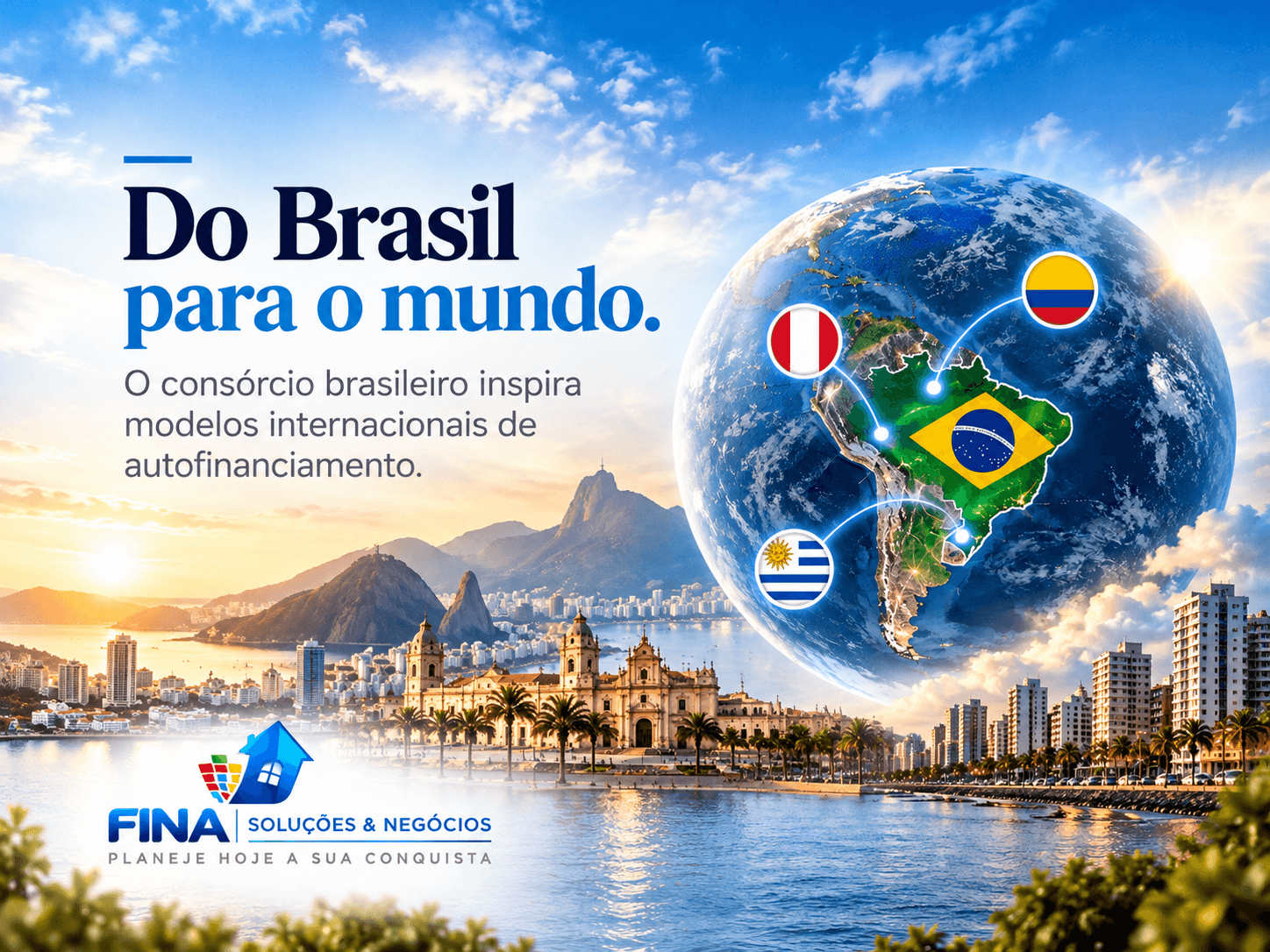 Imagem de globo terrestre destacando o Brasil e conexões com Peru, Colômbia e Uruguai, ilustrando a expansão internacional do modelo brasileiro de consórcio.